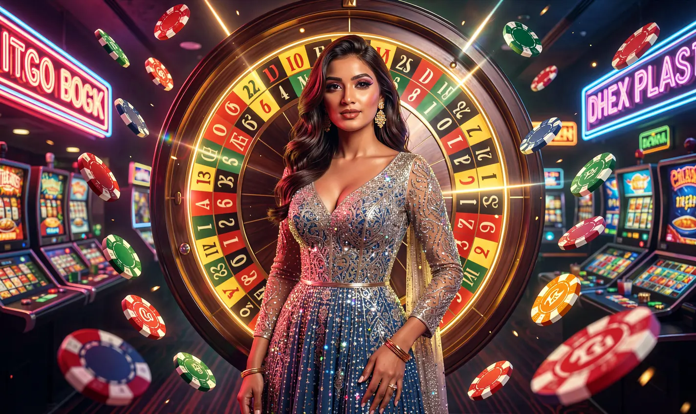 Confident casino hostess in a sparkling dress with flying chips and a glowing roulette background reflecting the premium casino bonuses of 71OK for Bangladesh players