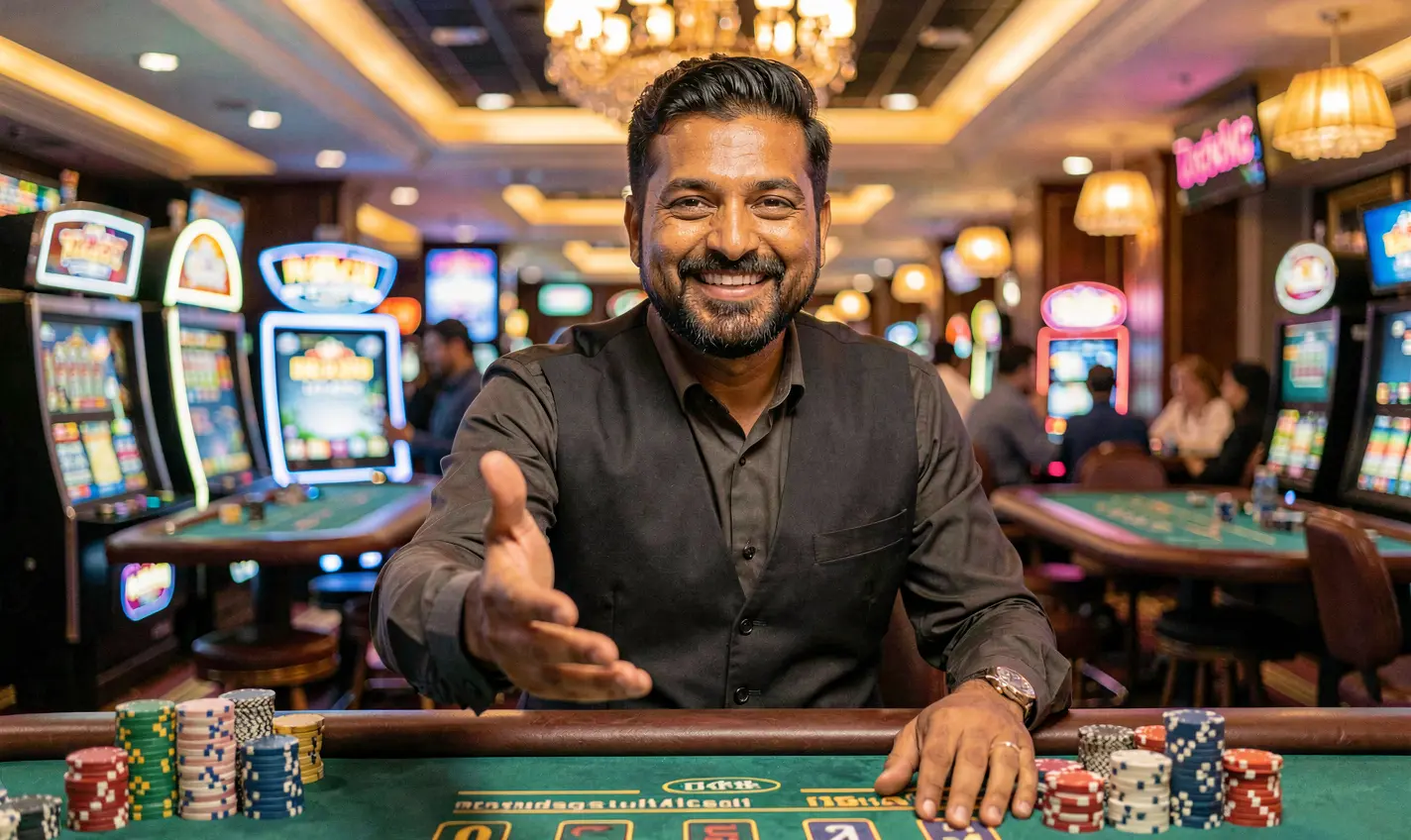 Smiling Bangladeshi casino dealer welcoming players with an extended hand inside a vibrant casino atmosphere featuring poker chips and bright lights at 71OK