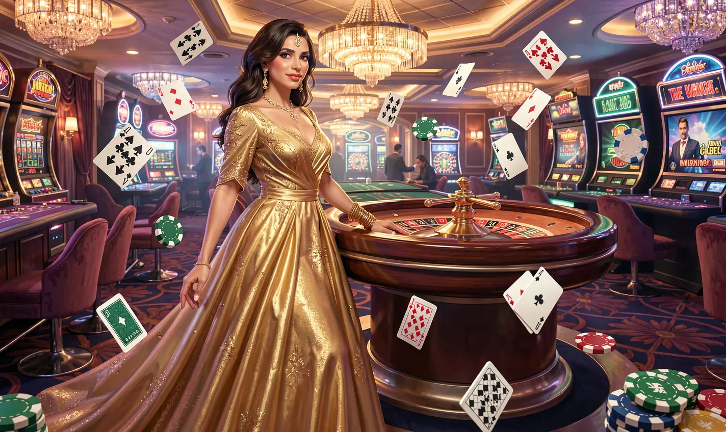 Confident player near a roulette wheel with dynamic casino chips and cards showcasing premium gaming on 71OK Bangladesh