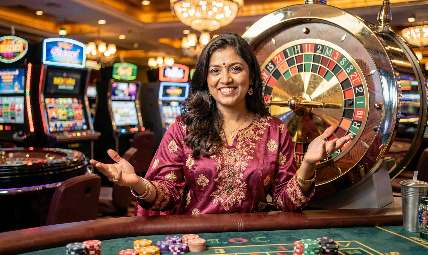Elegant casino hostess welcoming players in a luxurious gaming environment with bright lights and roulette visuals on 71OK in Bangladesh