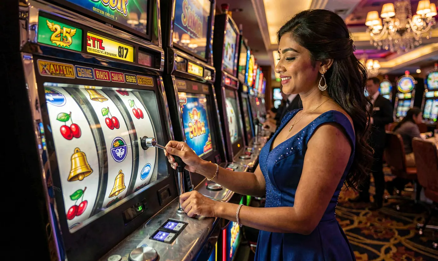 Stylish Bangladeshi woman in a luxury evening dress playing a modern slot machine with glowing reels at 71OK casino in a premium gaming environment